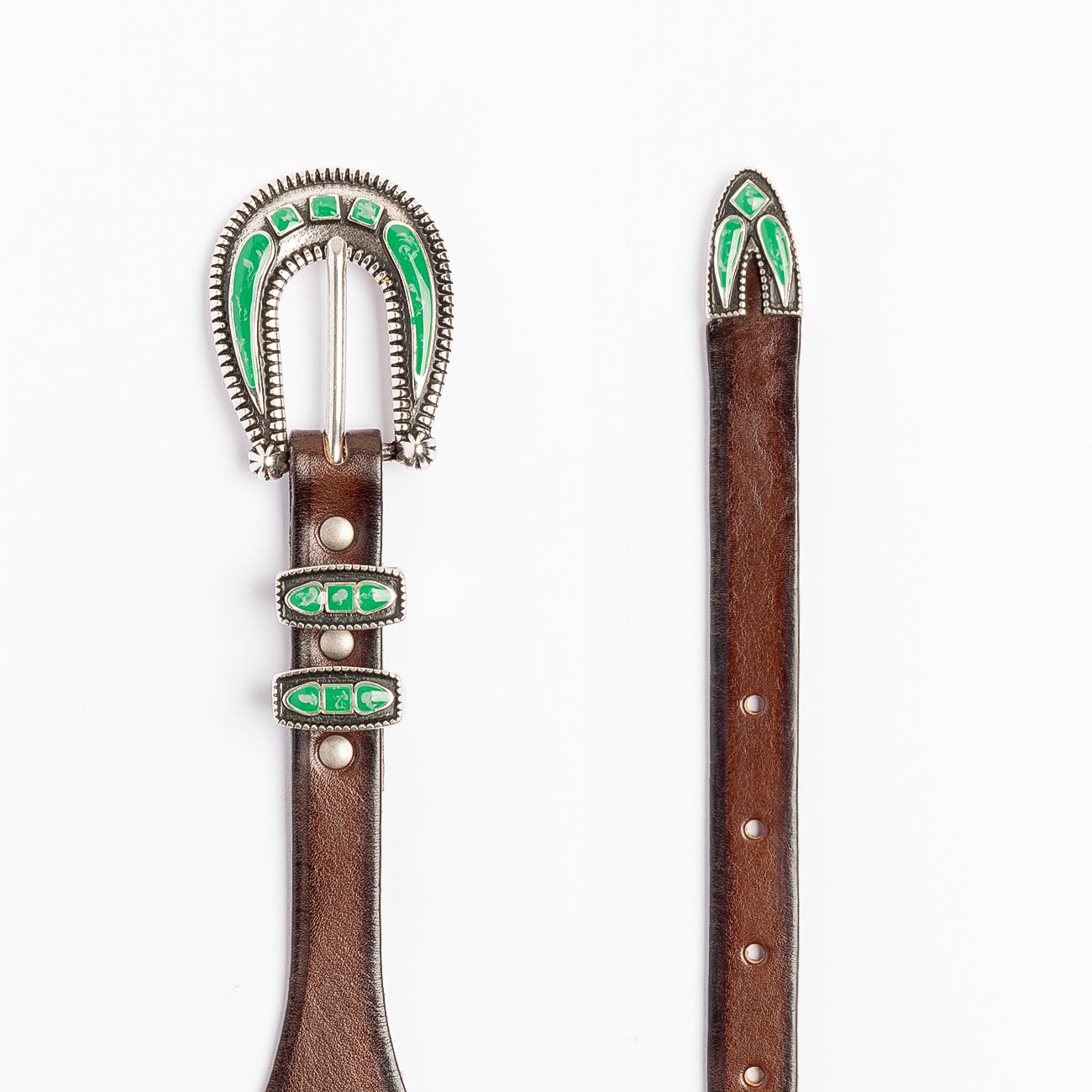 Alberto Luti 924 brown leather western belt (Green buckle)