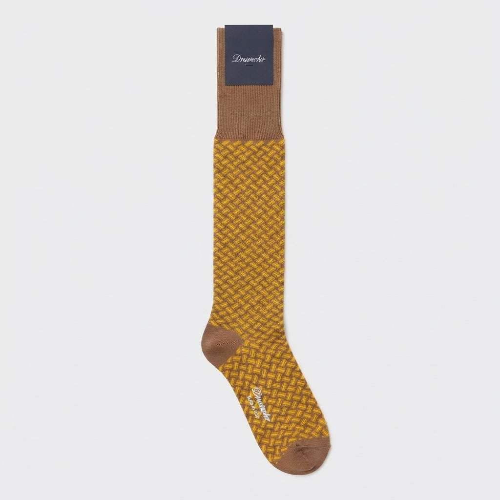 Calza lunga Drumohr in cotone marrone con biscottini gialli
