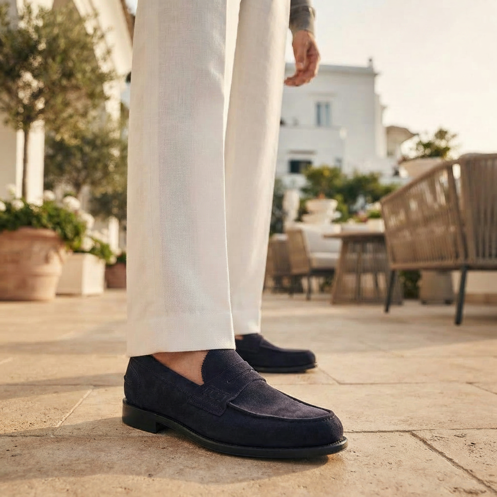 Mocassino penny Cheaney Joseph & Sons Dover EF ALT in camoscio blu (Indigo calf suede)