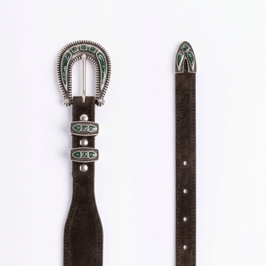 Cintura western Alberto Luti 726/35 in camoscio marrone con fibbia verde