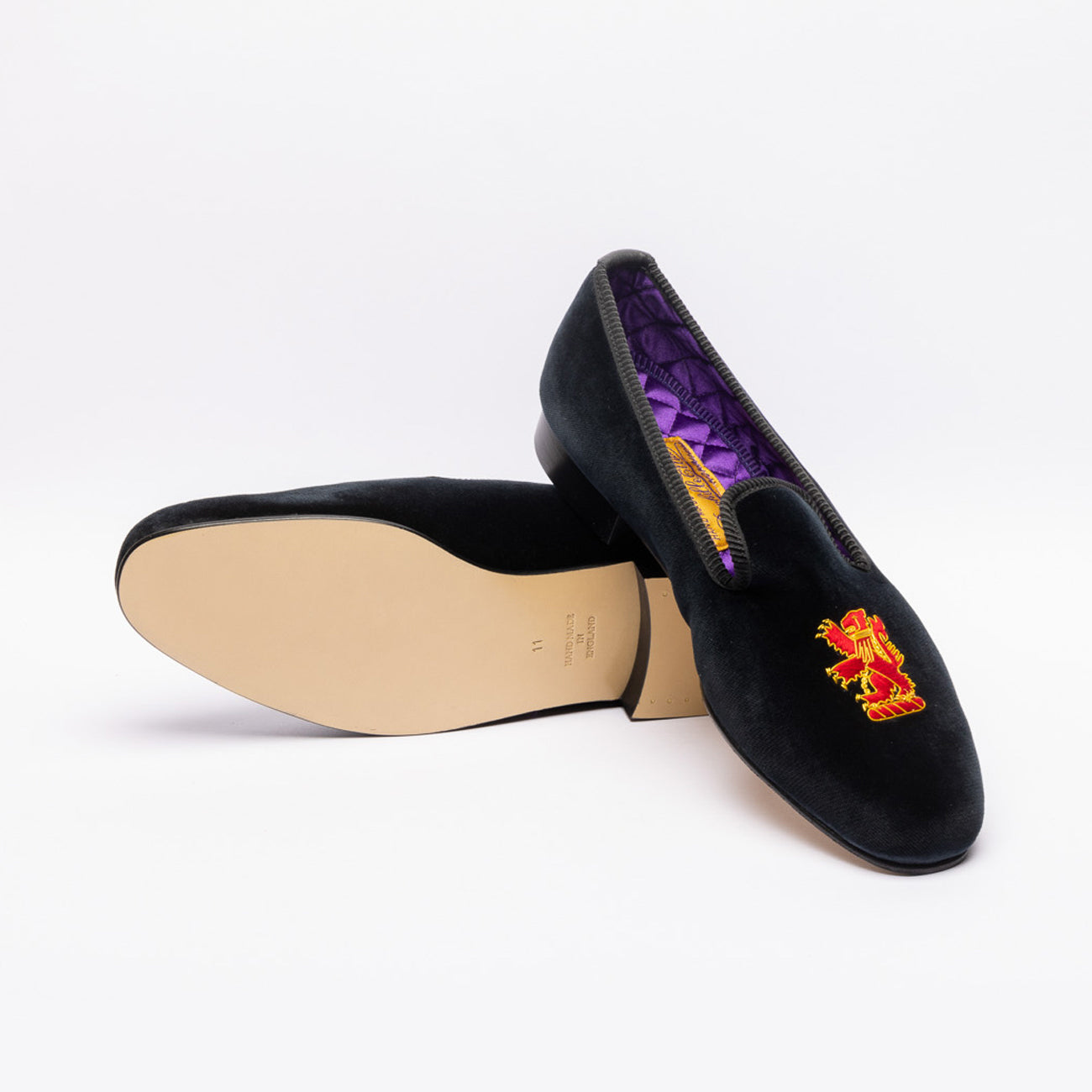 Mocassino slipper Bowhill & Elliott Leone Rampante in velluto nero