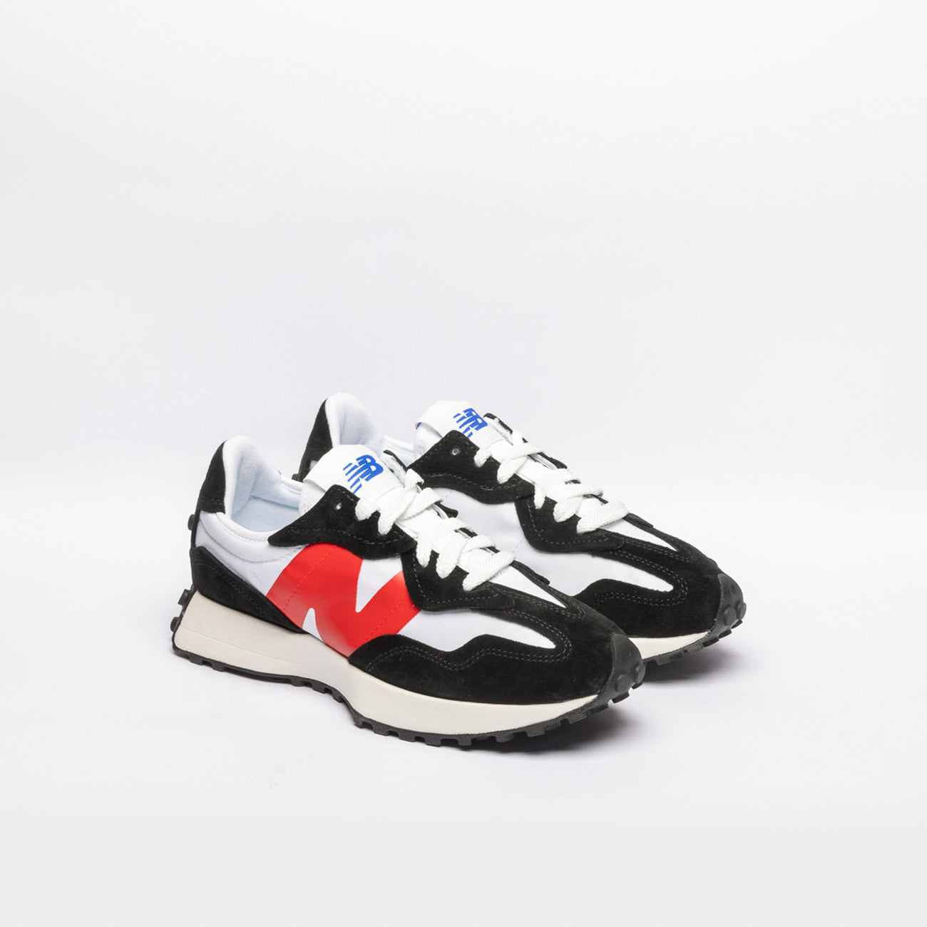 New Balance 327 white fabric and black suede running sneaker