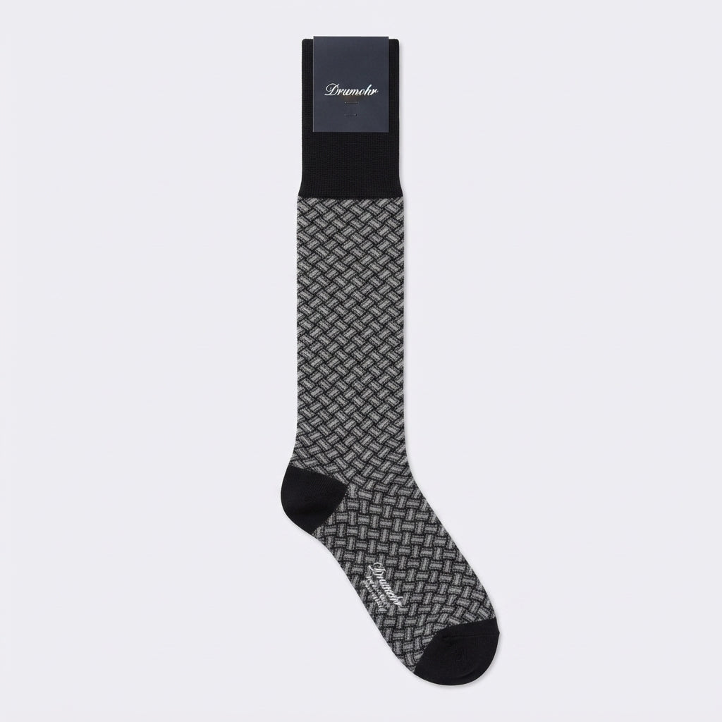 Calza lunga Drumohr in cotone nero con biscottini grigi