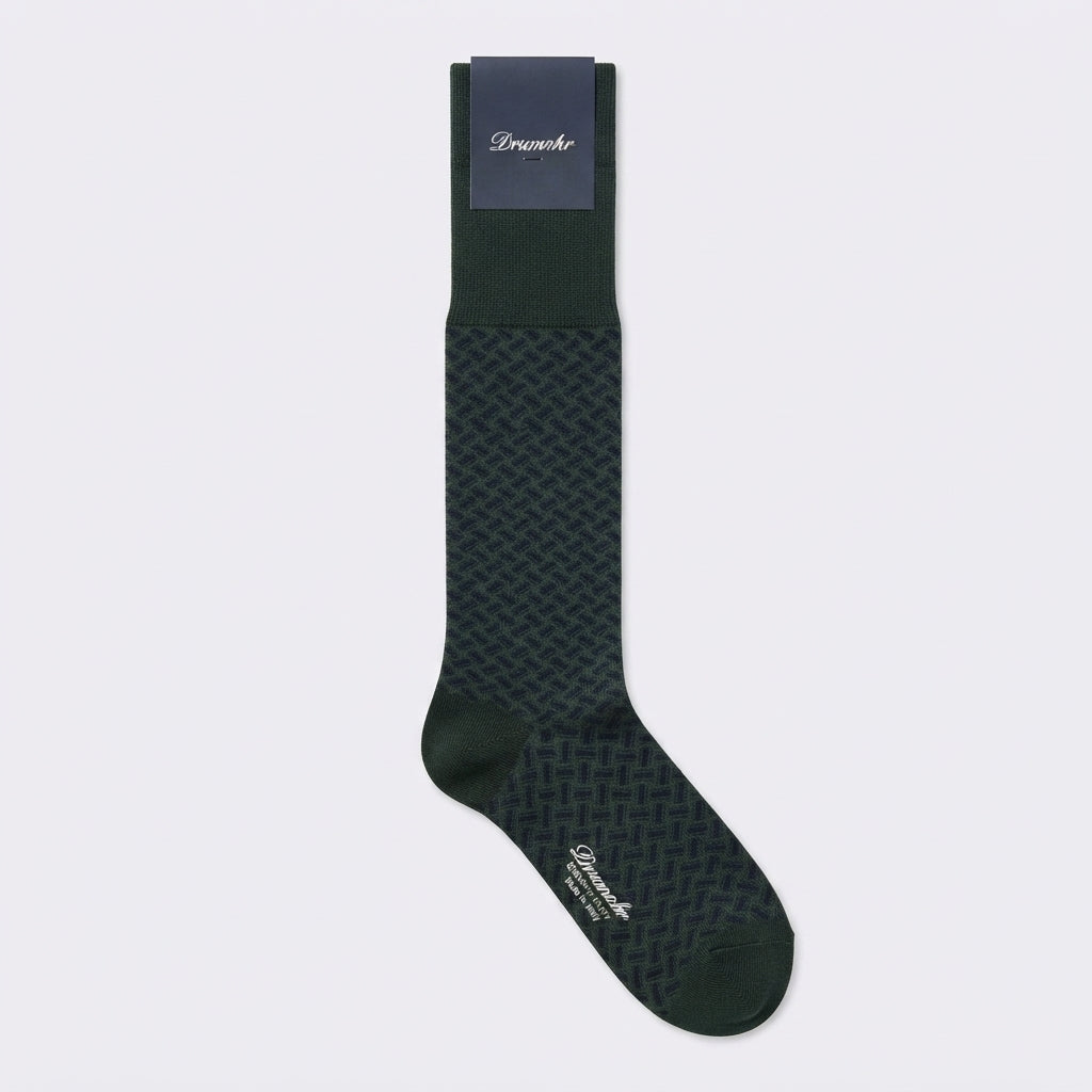 Calza lunga Drumohr in cotone verde scuro con biscottini neri