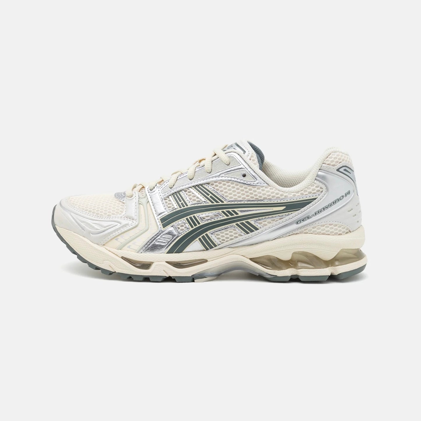 Asics Gel Kayano 14 running sneaker in cream fabric and green leather