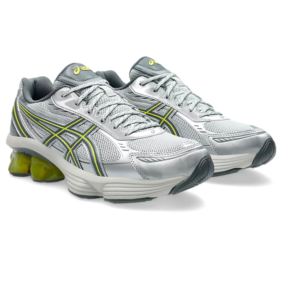 Sneaker running Asics Gel-Kinetic Fluent in pelle e tessuto grigio con gel giallo fluorescente