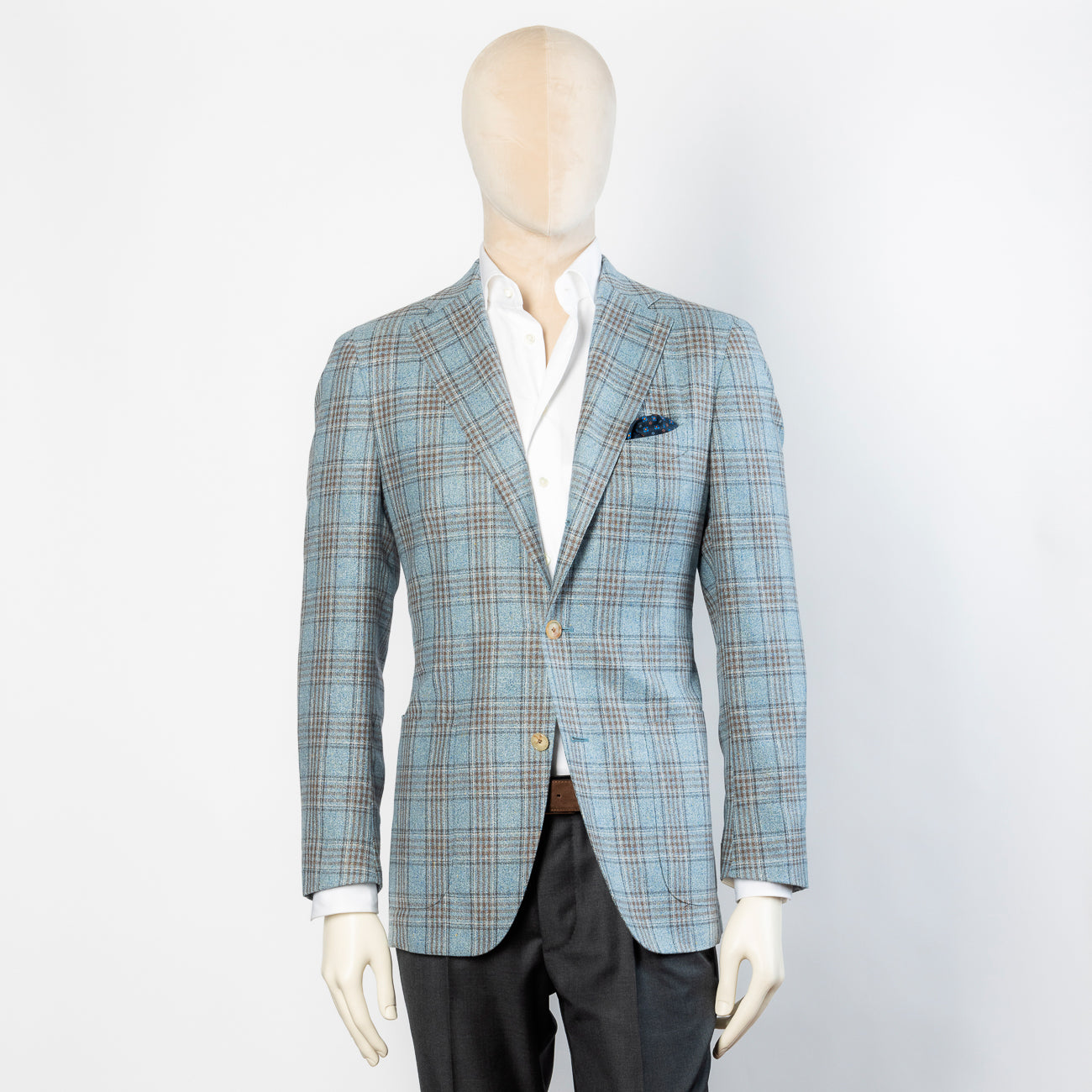 Giacca monopetto Tailor's & Ties in seta e lana azzurra con tartan marrone