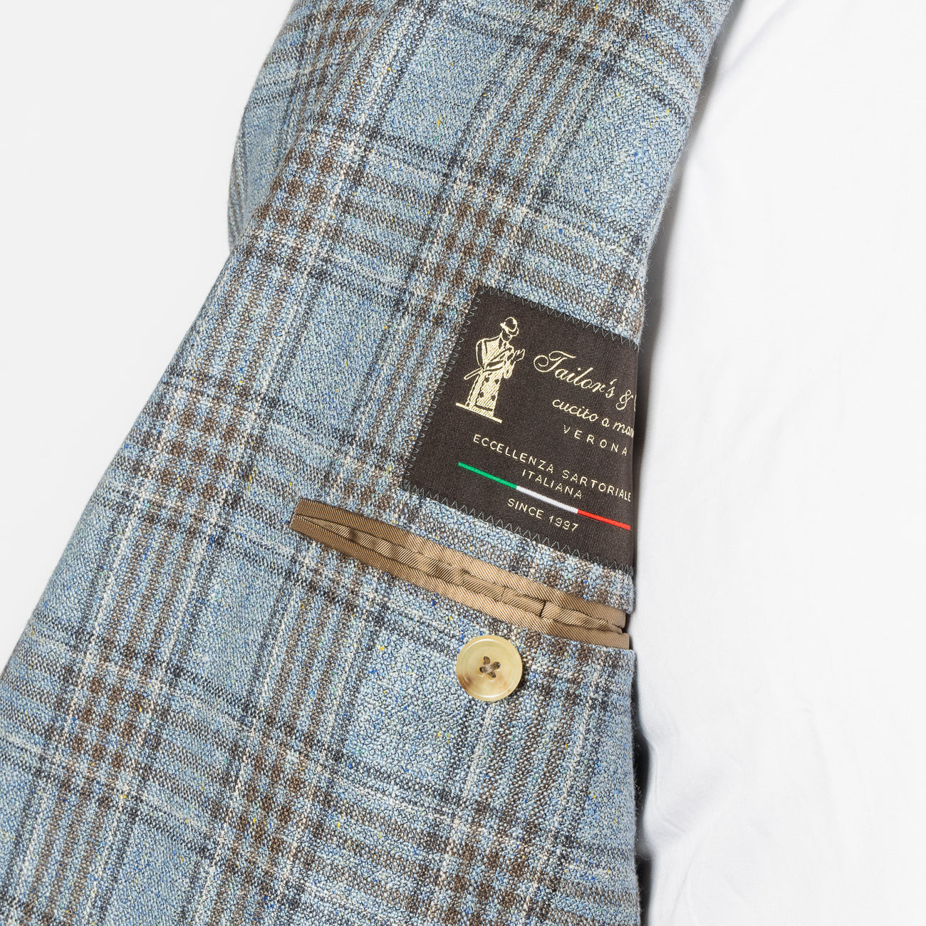 Giacca monopetto Tailor's & Ties in seta e lana azzurra con tartan marrone