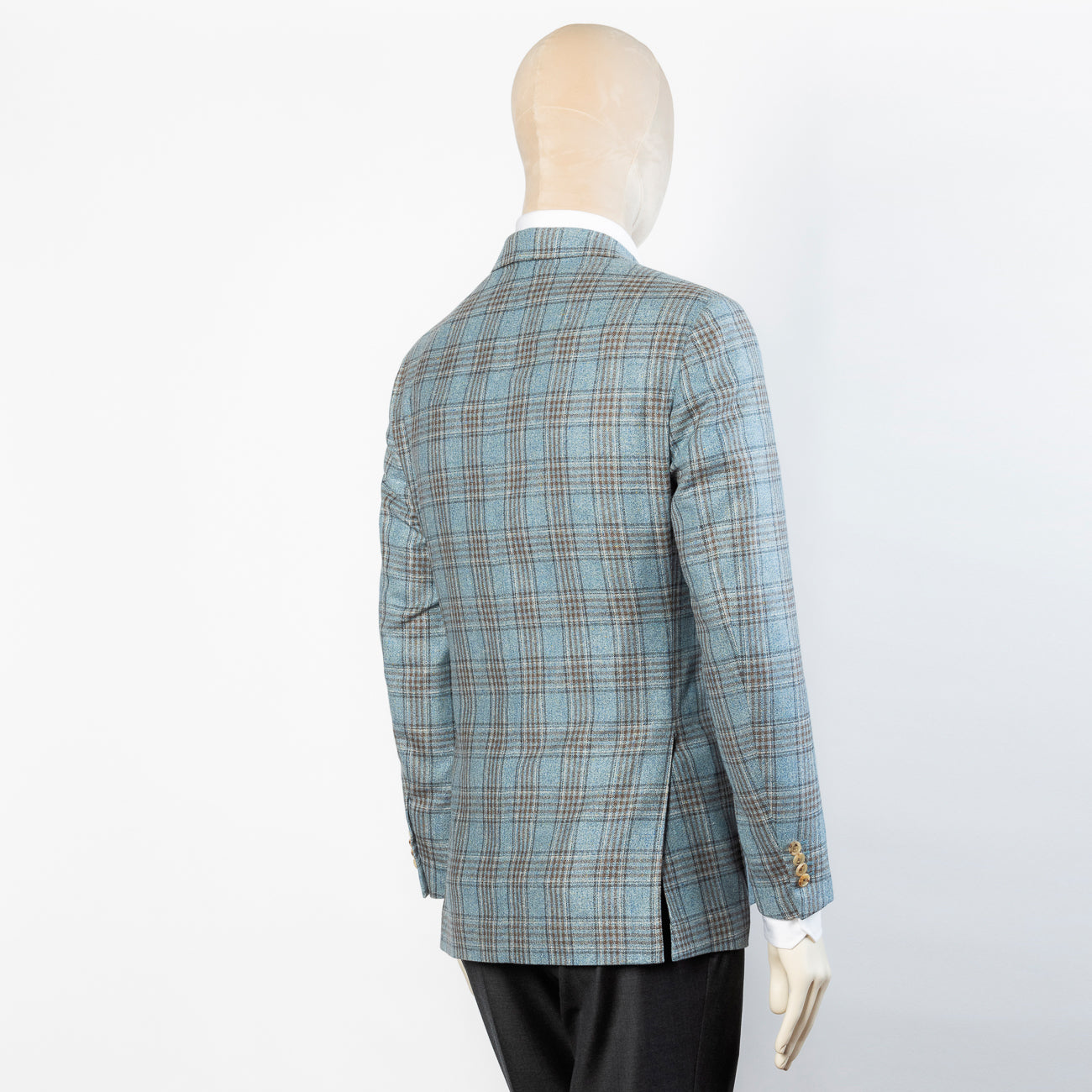 Giacca monopetto Tailor's & Ties in seta e lana azzurra con tartan marrone