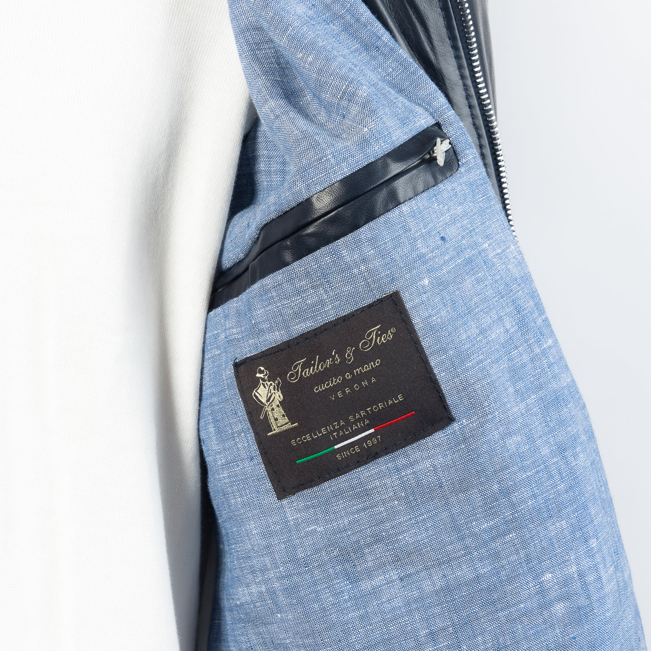 Giacca con zip Tailor's & Ties in pelle blu (Fodera in lino)