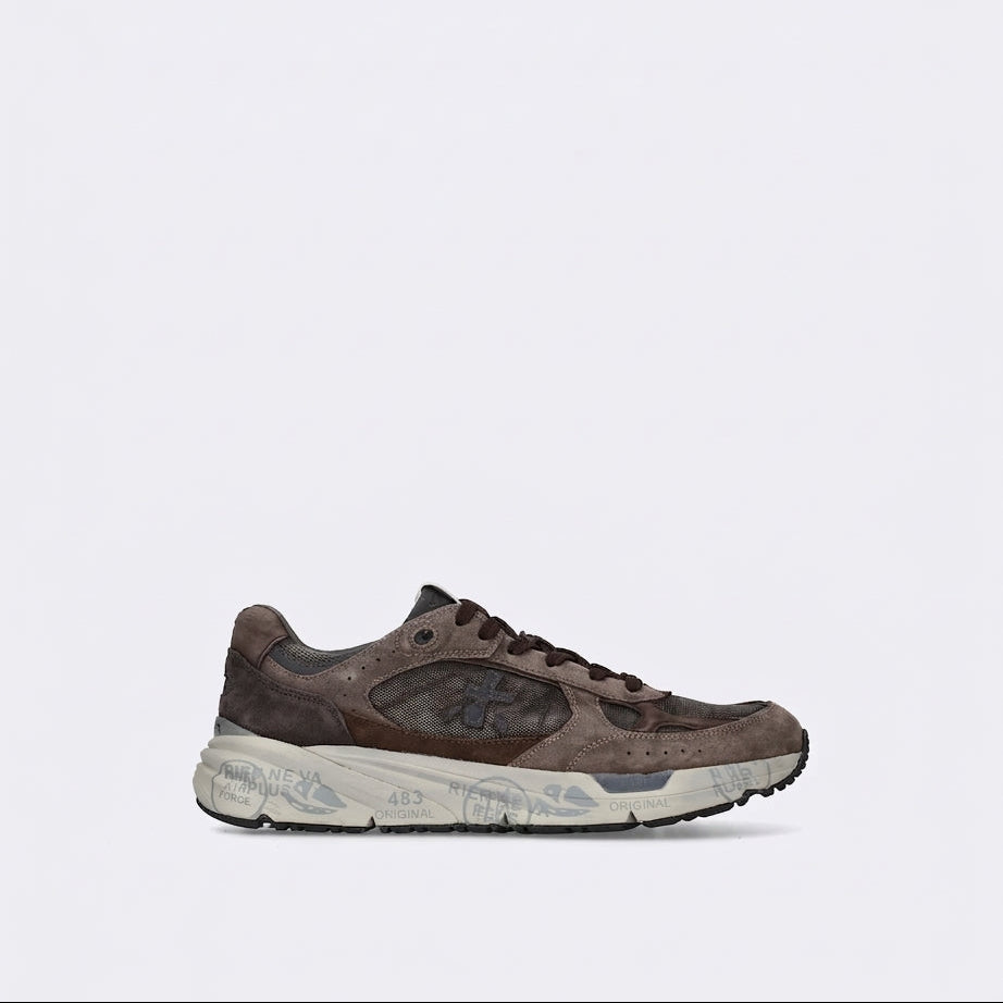 Sneaker Premiata Mase25 in camoscio verde e tessuto marrone
