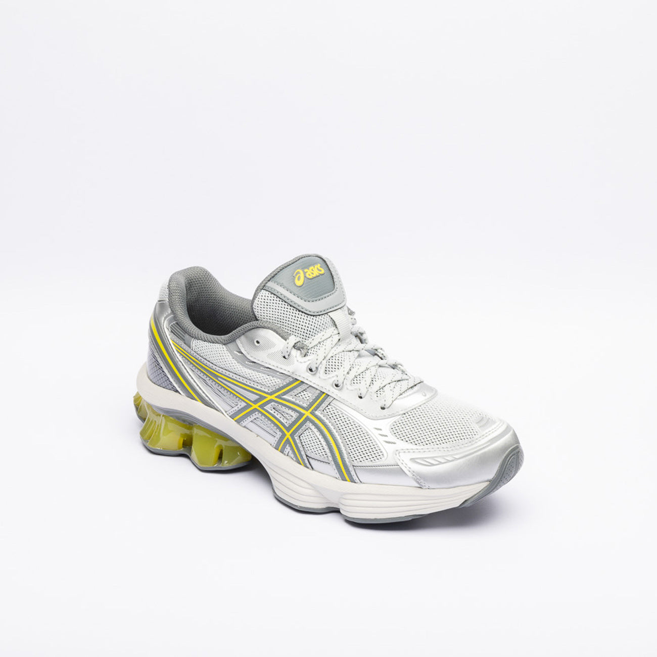 Asics Gel-Kinetic Fluent running sneaker in gray leather and fabric with fluorescent yellow gel