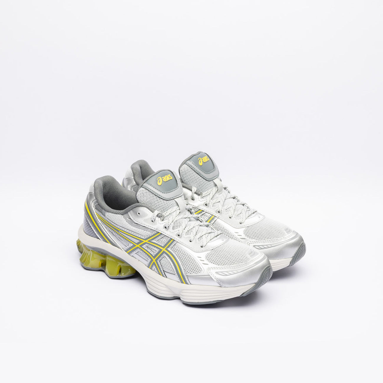 Asics Gel-Kinetic Fluent running sneaker in gray leather and fabric with fluorescent yellow gel