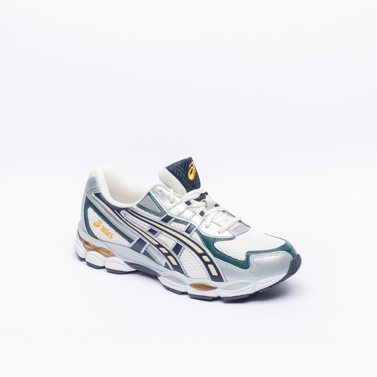 Asics NYC 2055 running sneaker in white fabric and green and blue leather