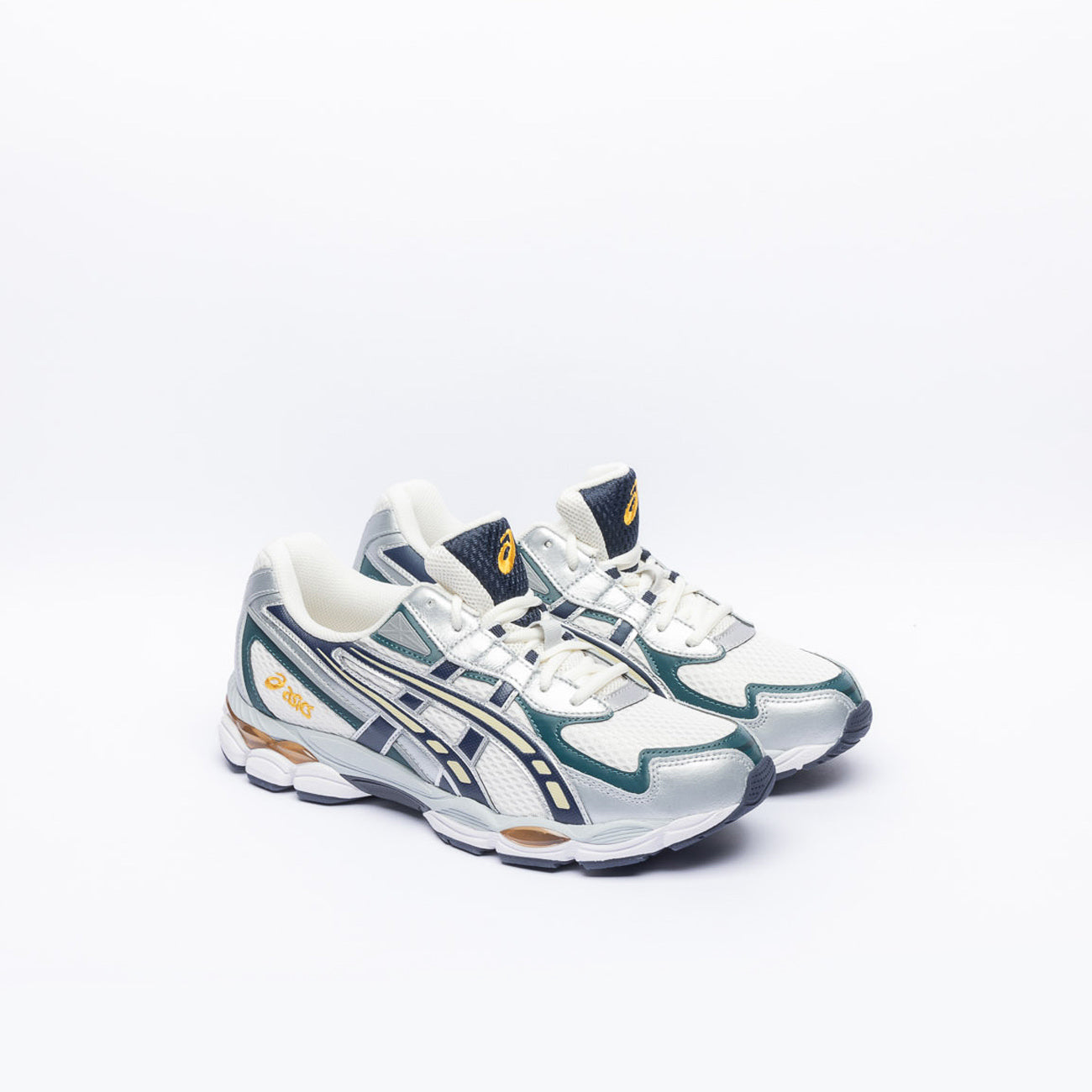 Asics NYC 2055 running sneaker in white fabric and green and blue leather