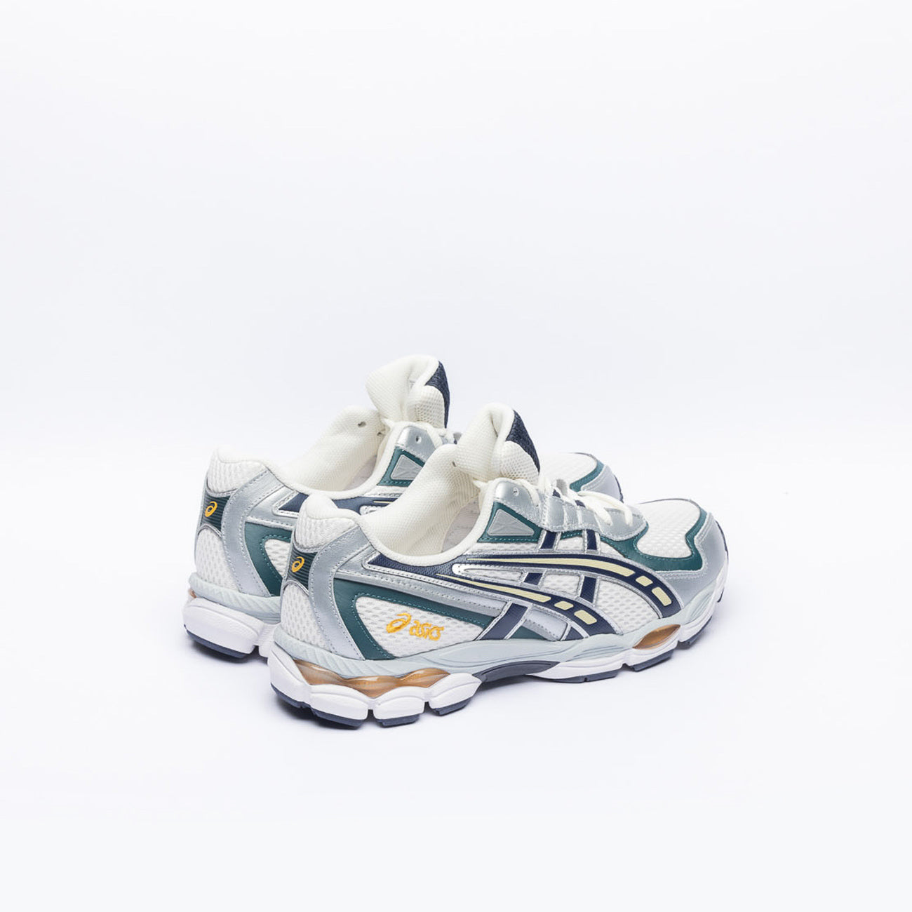 Asics NYC 2055 running sneaker in white fabric and green and blue leather