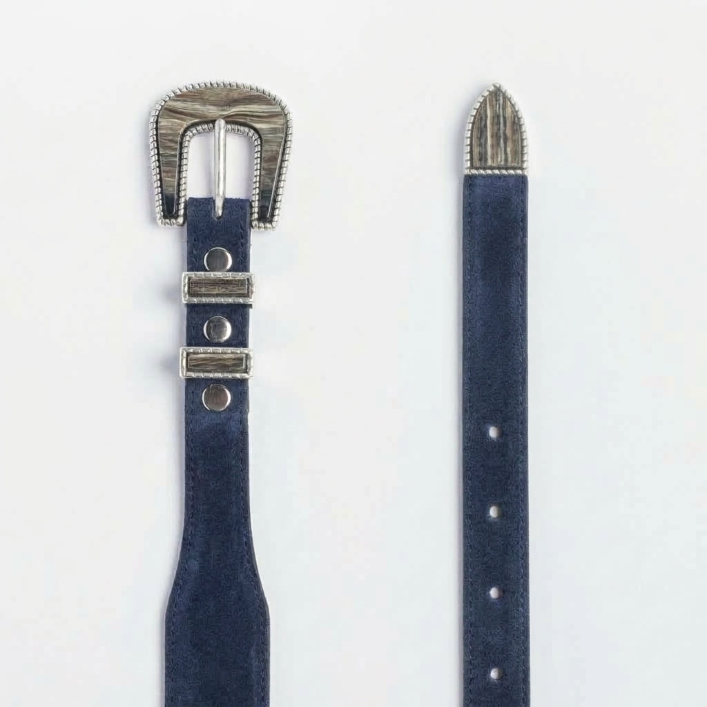 Cintura western Alberto Luti in camoscio blu 696/35 con fibbia effetto marmo