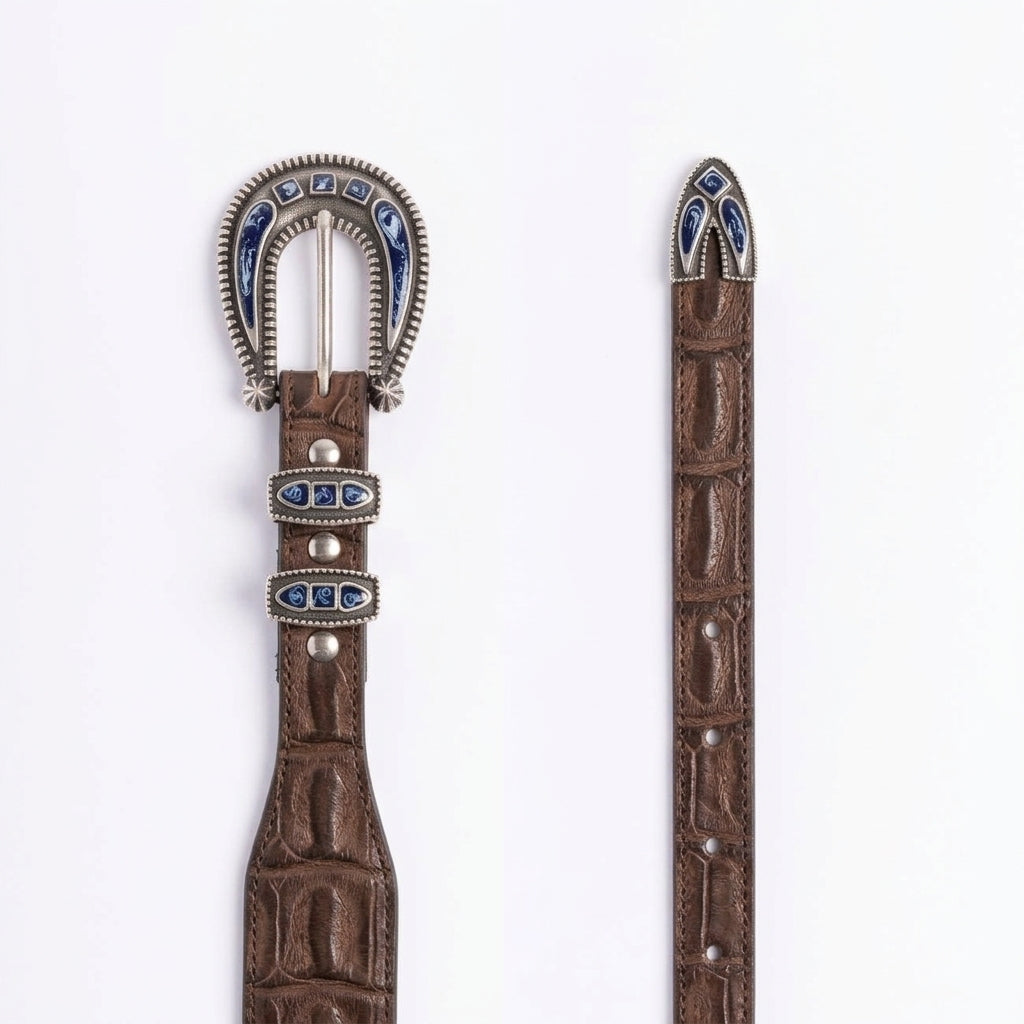 Cintura western Alberto Luti 726/35 in pelle stampa cocco marrone con fibbia blu