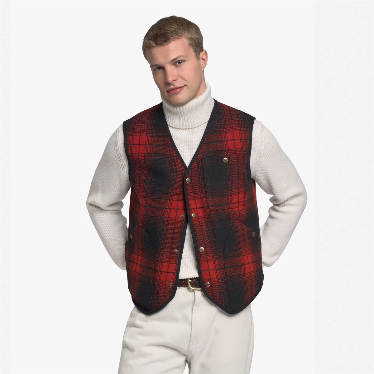 Gilet monopetto Sebago Wildriver Check in lana rossa e nera