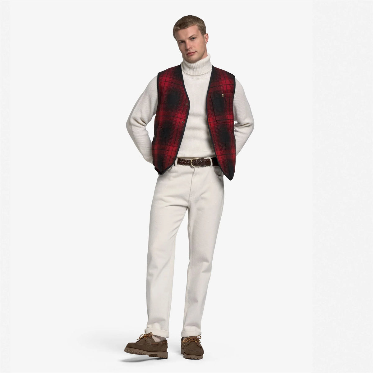 Gilet monopetto Sebago Wildriver Check in lana rossa e nera