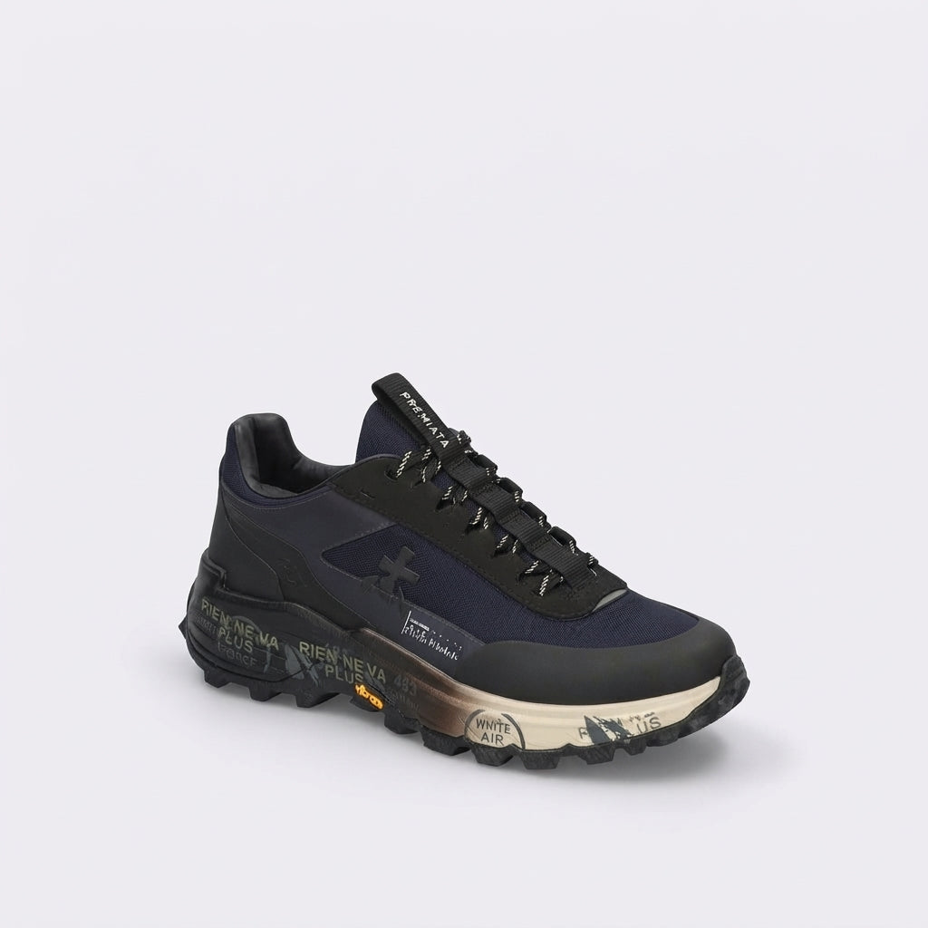 Sneaker Premiata Devin 526 in pelle nera e tessuto blu