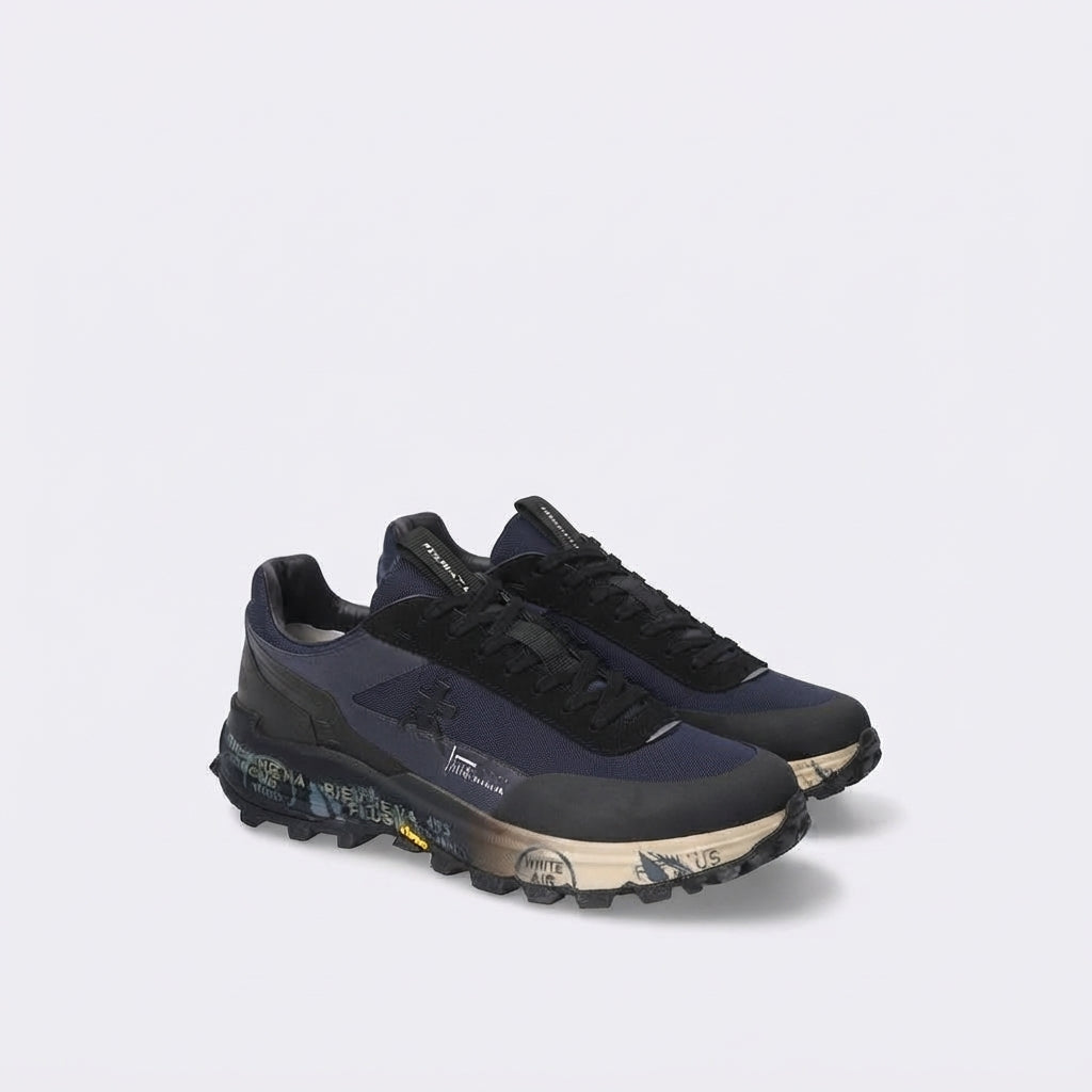 Sneaker Premiata Devin 526 in pelle nera e tessuto blu