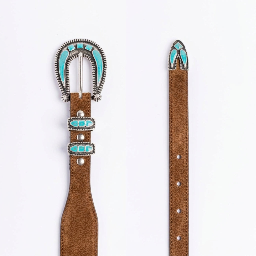 Cintura western Alberto Luti 726/35 in camoscio tabacco con fibbia azzurra