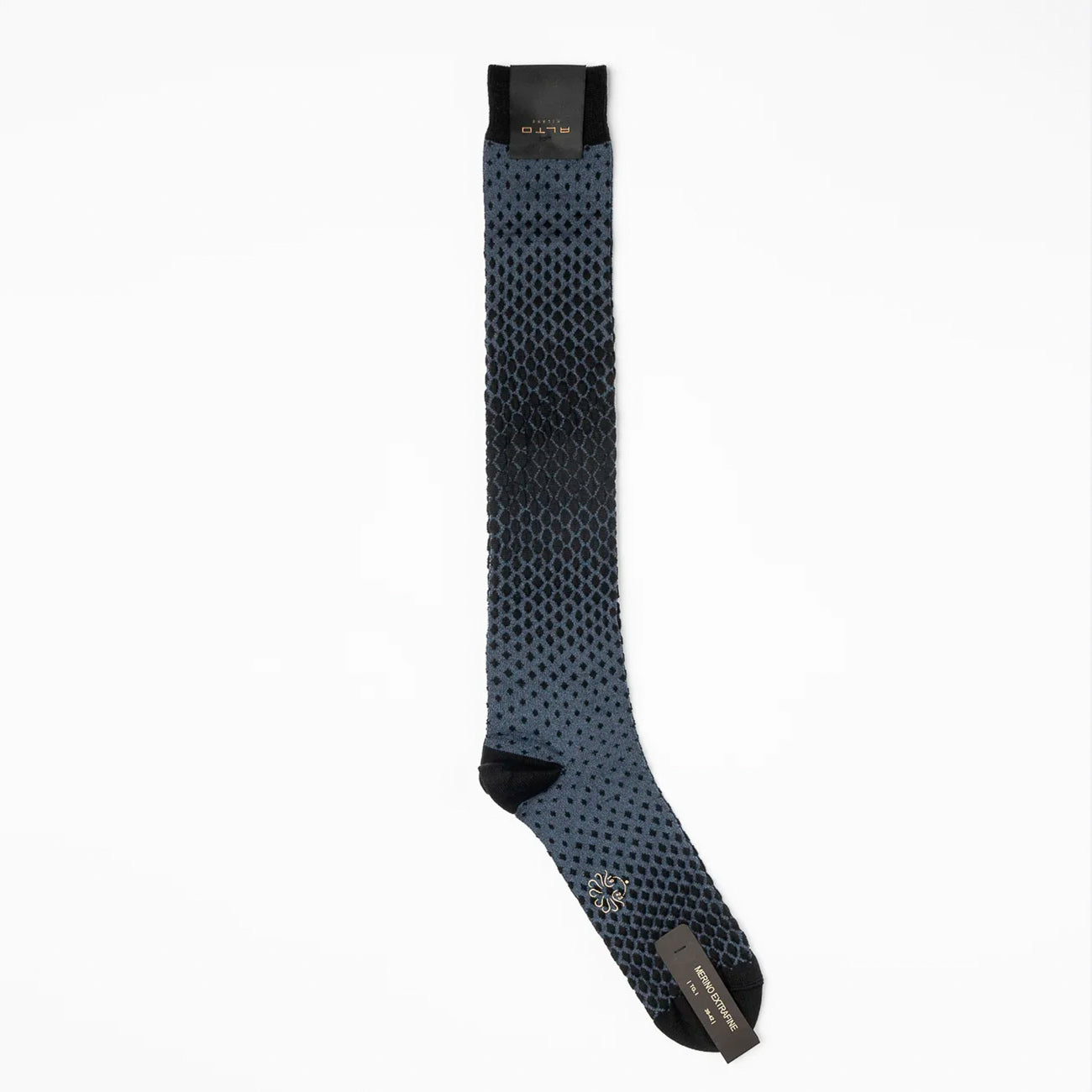 Calza lunga Alto Milano Gingko Long in lana merino blu con dettaglio nero
