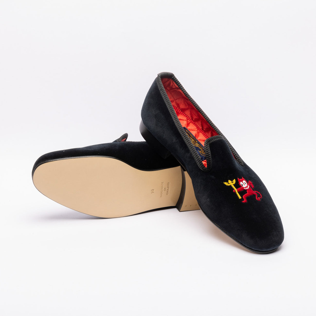 Bowhill & Elliott Devil with Trident velvet slipper in black