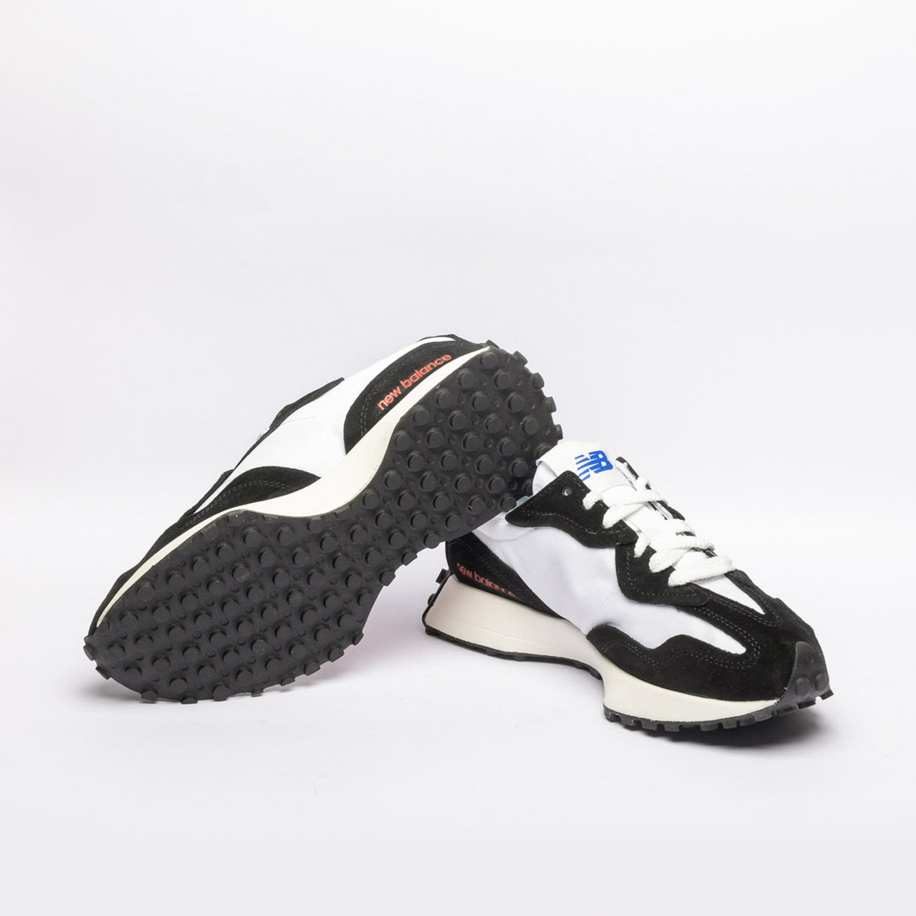 New Balance 327 white fabric and black suede running sneaker