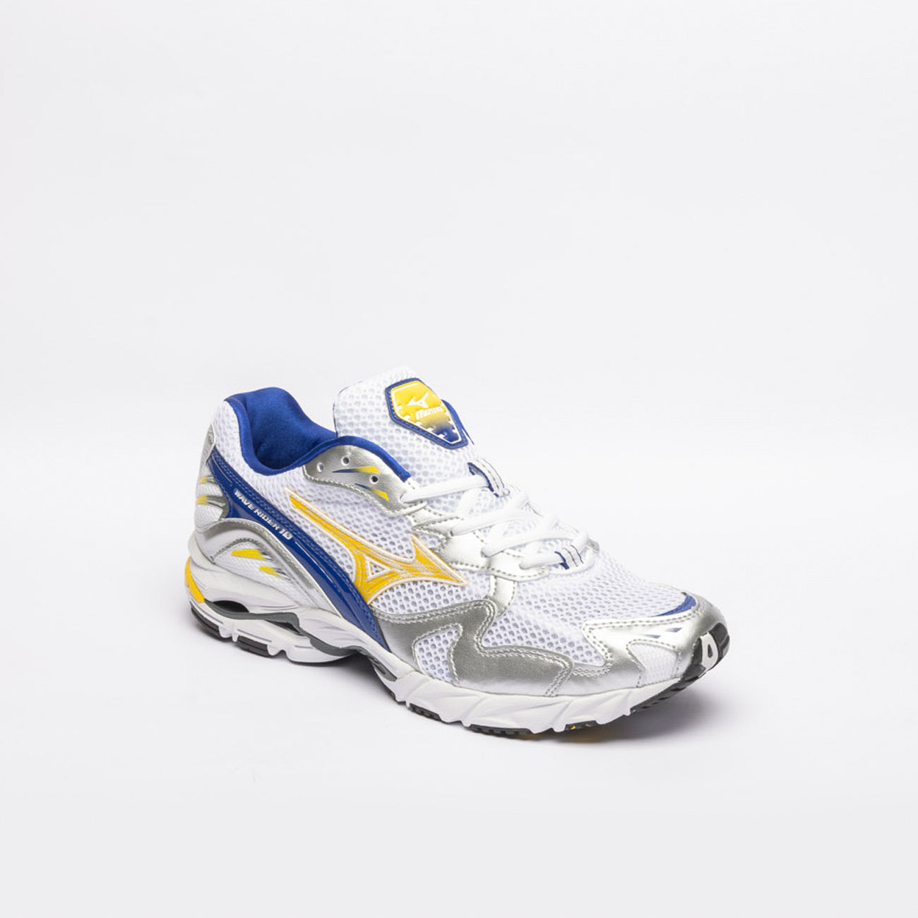 Sneaker running Mizuno Wave Rider 10 in nylon bianco con pelle blu e gialla