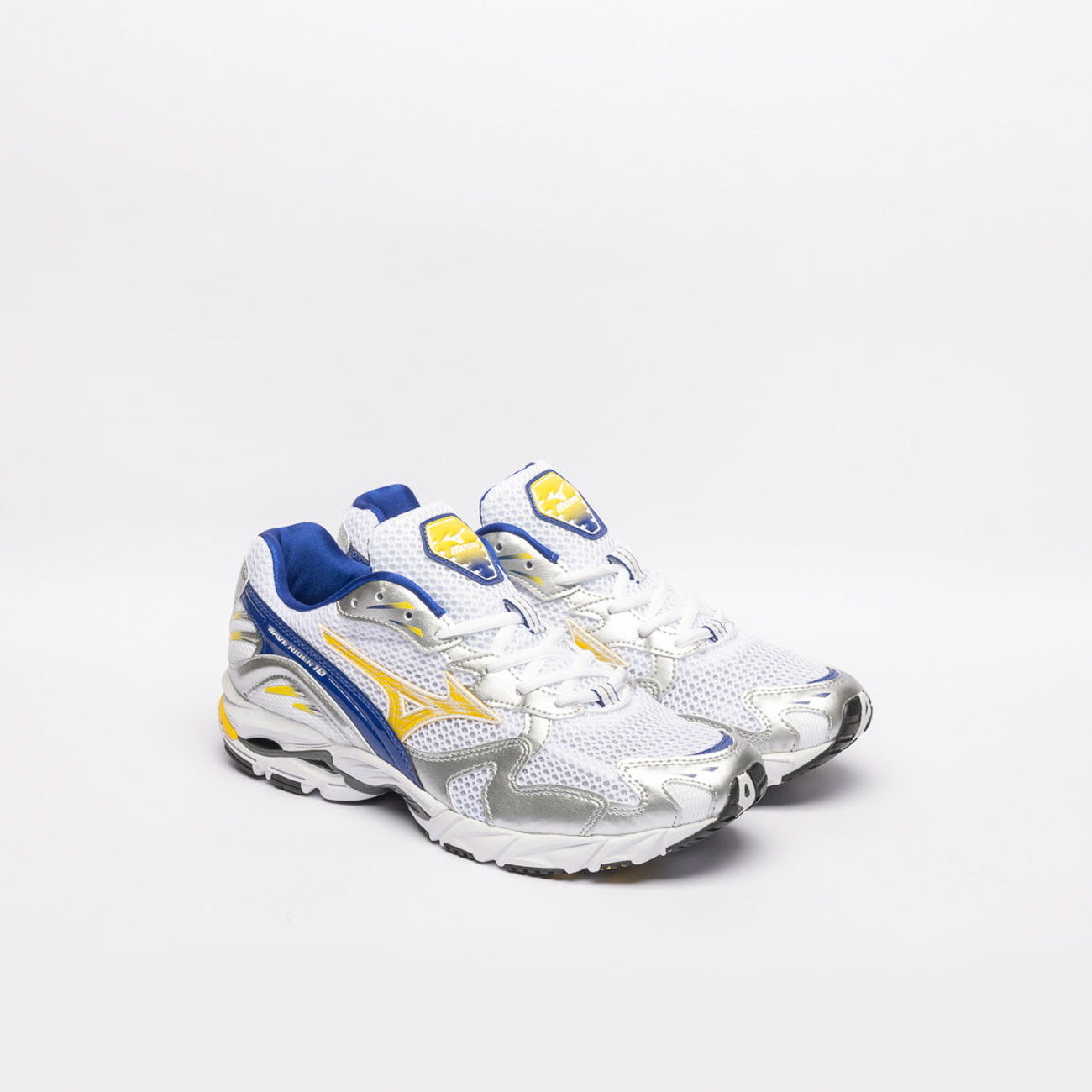 Sneaker running Mizuno Wave Rider 10 in nylon bianco con pelle blu e gialla (Size 11.5)