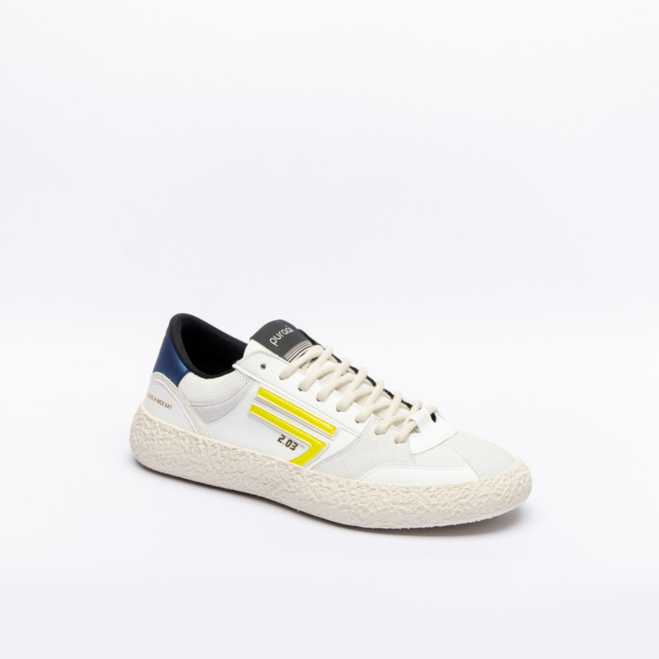 Sneakers ecosostenibile Puraai Lime in pelle bianca e logo giallo 